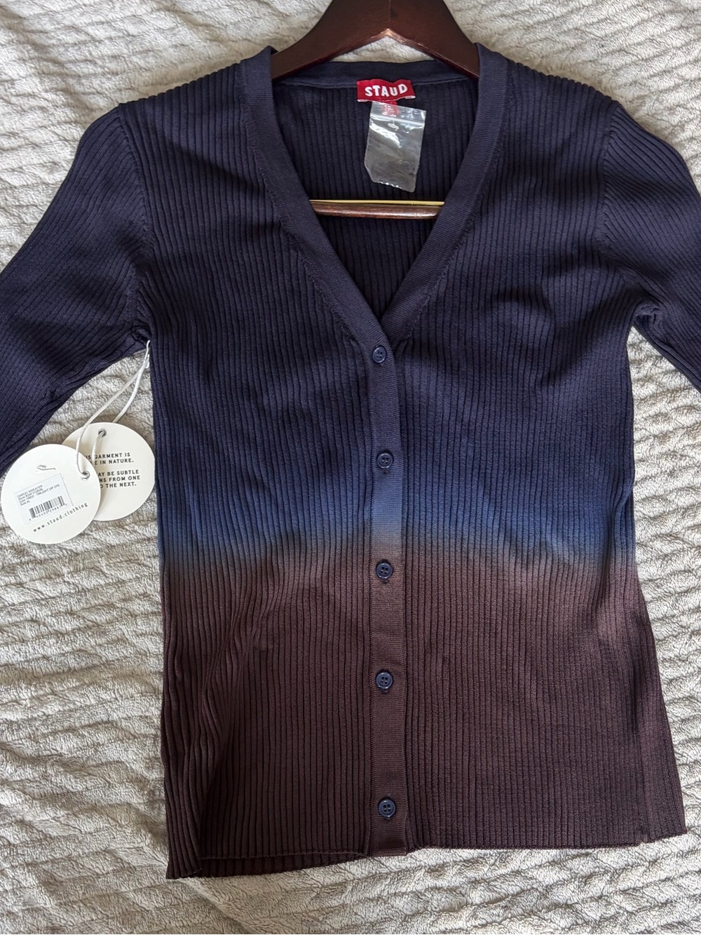 STAUD Ombre Ribbed Button-Front Cardigan in Navy and Brown